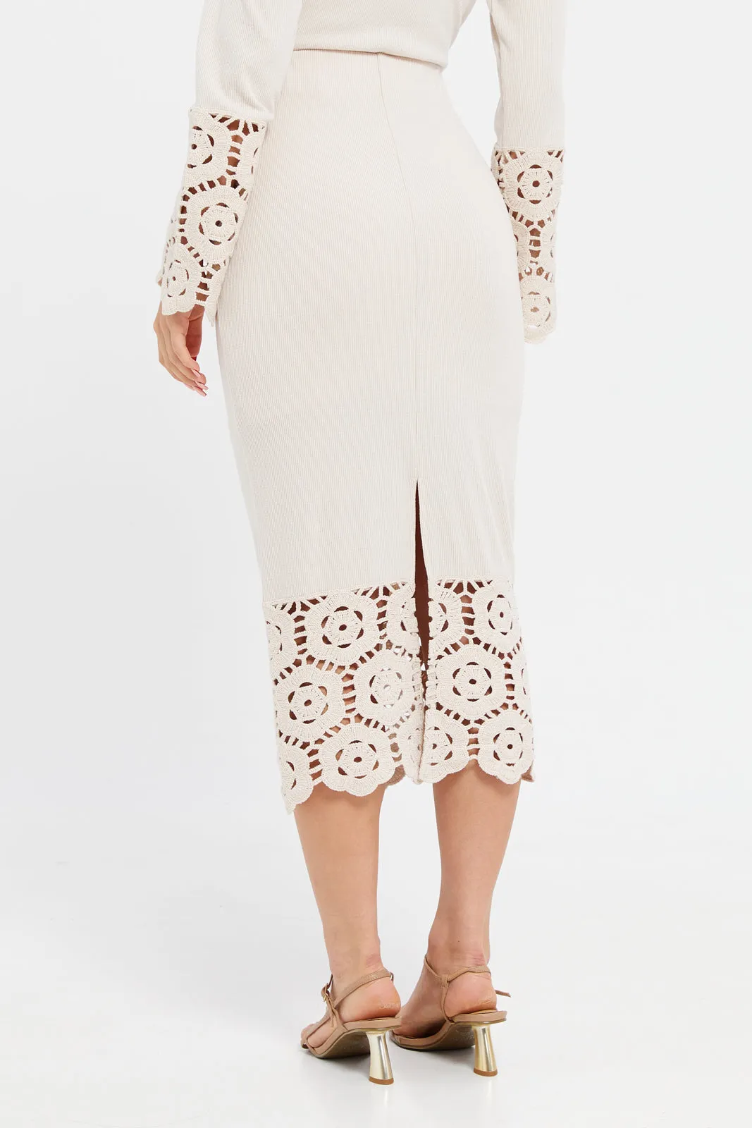 Women Beige Crochet Ribbed Skirt