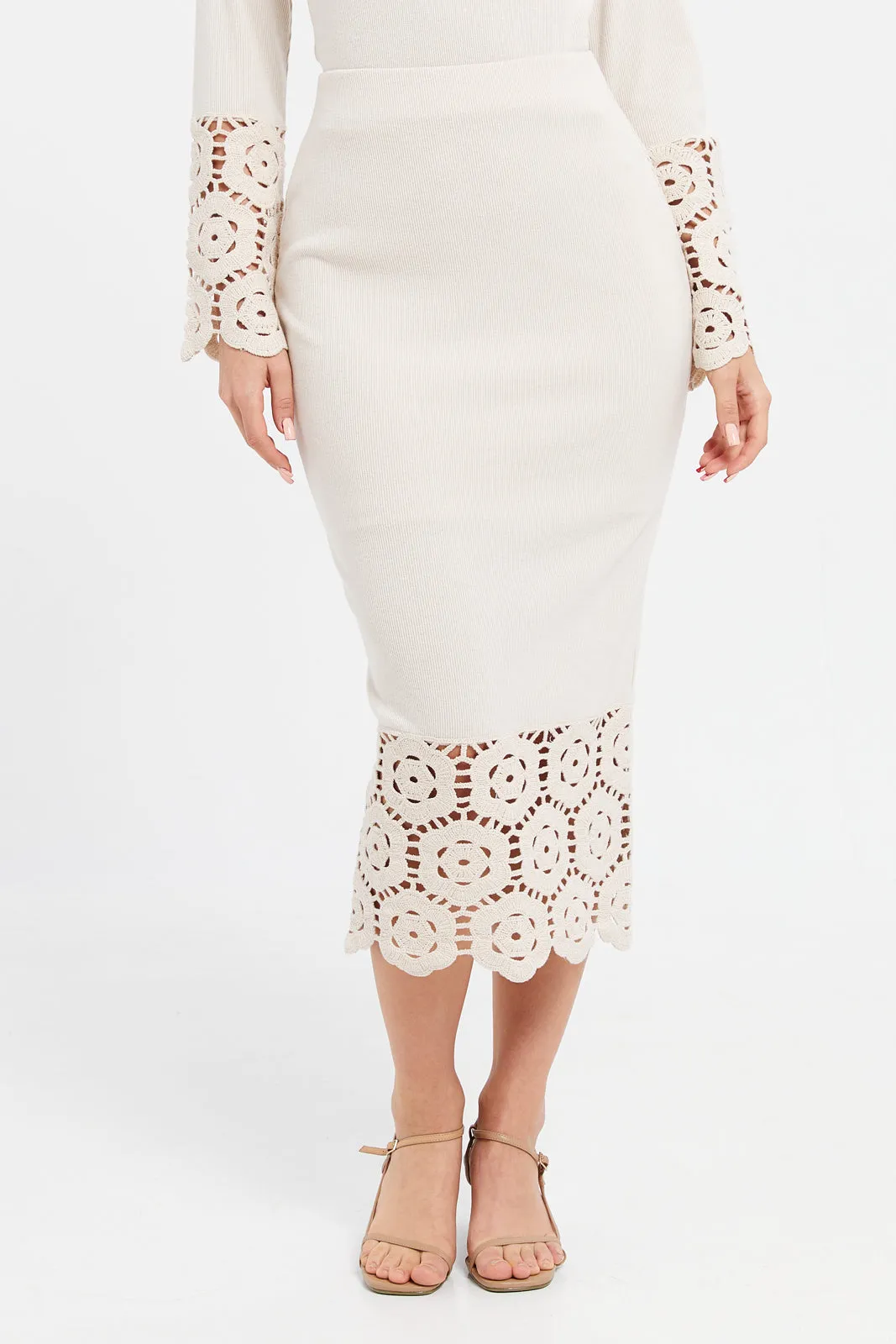 Women Beige Crochet Ribbed Skirt