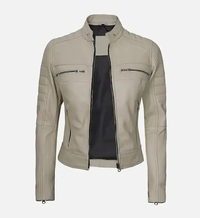 Women’s Beige Cafe Racer Leather Jacket