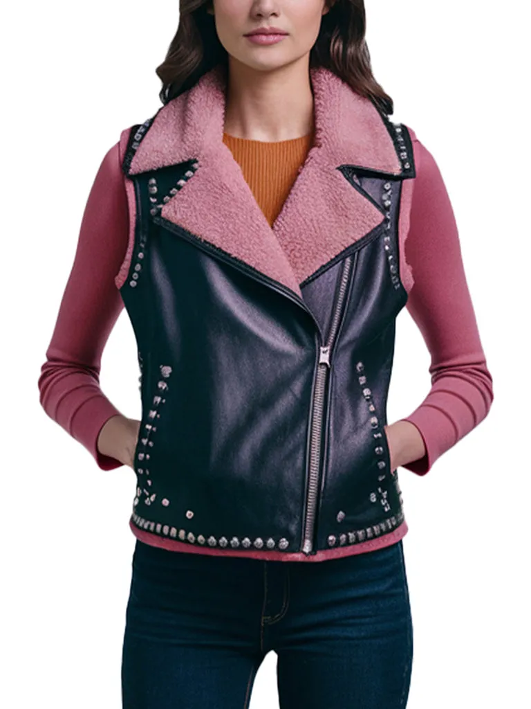 Women's Black Leather Vest With Pink Faux Shearling Collar