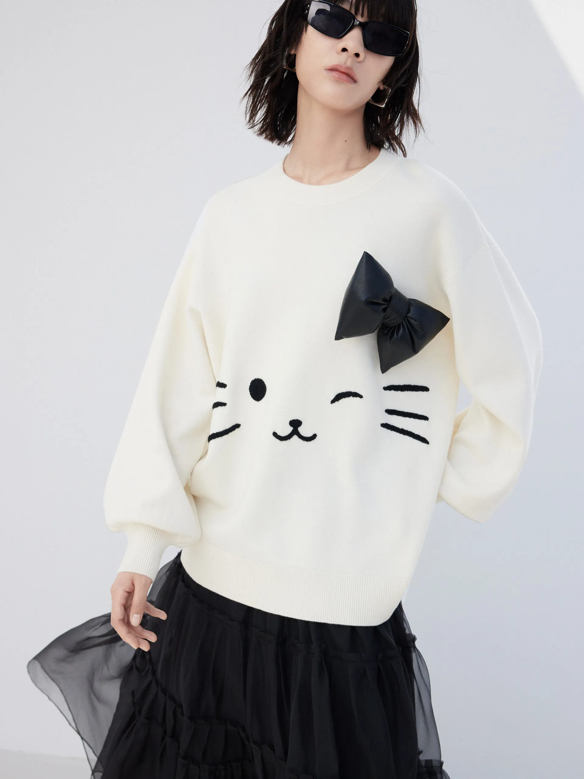 Wool Blend Detachable Bow Sweater