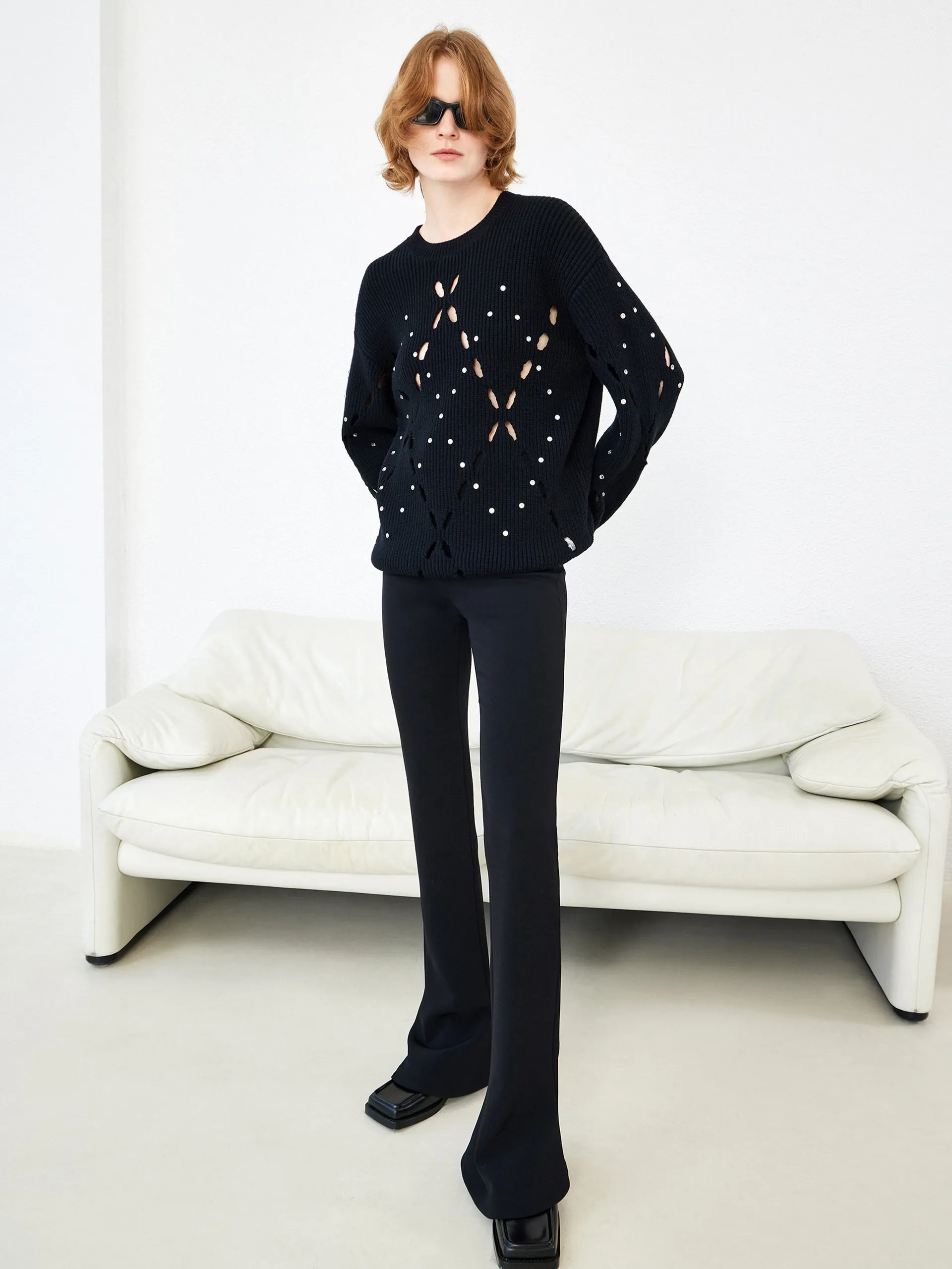 Wool Blend Openwork Rin Knit Pullover