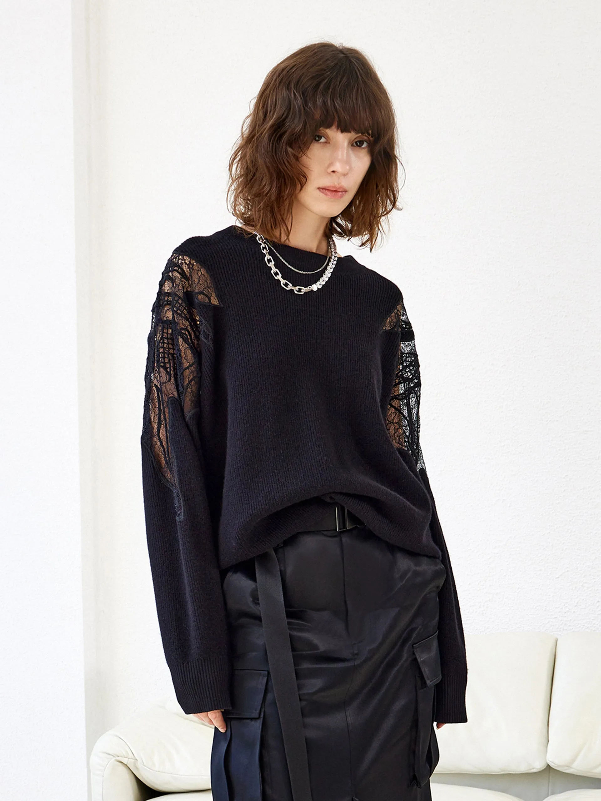 Wool Lace Panel Sweater