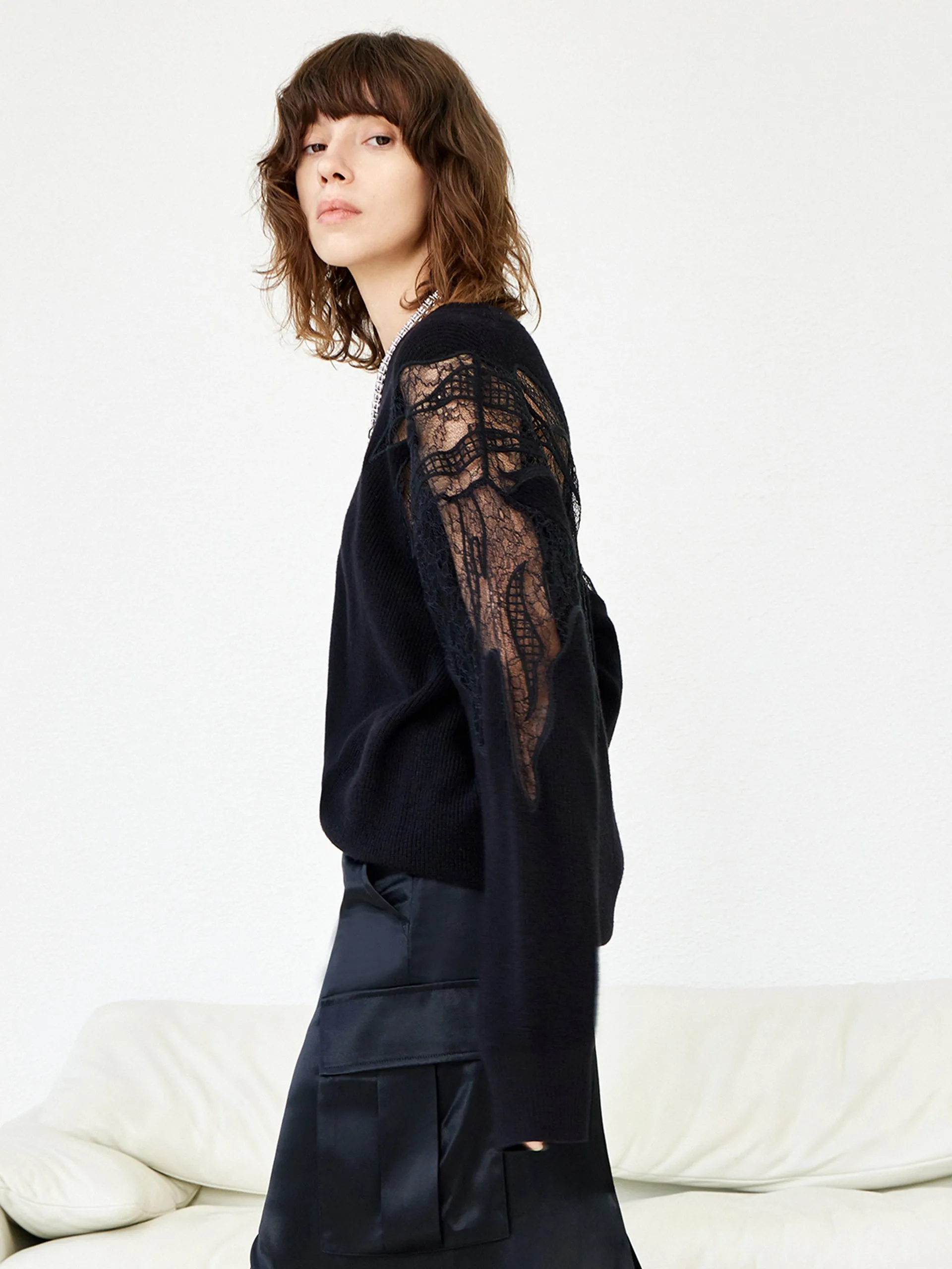 Wool Lace Panel Sweater