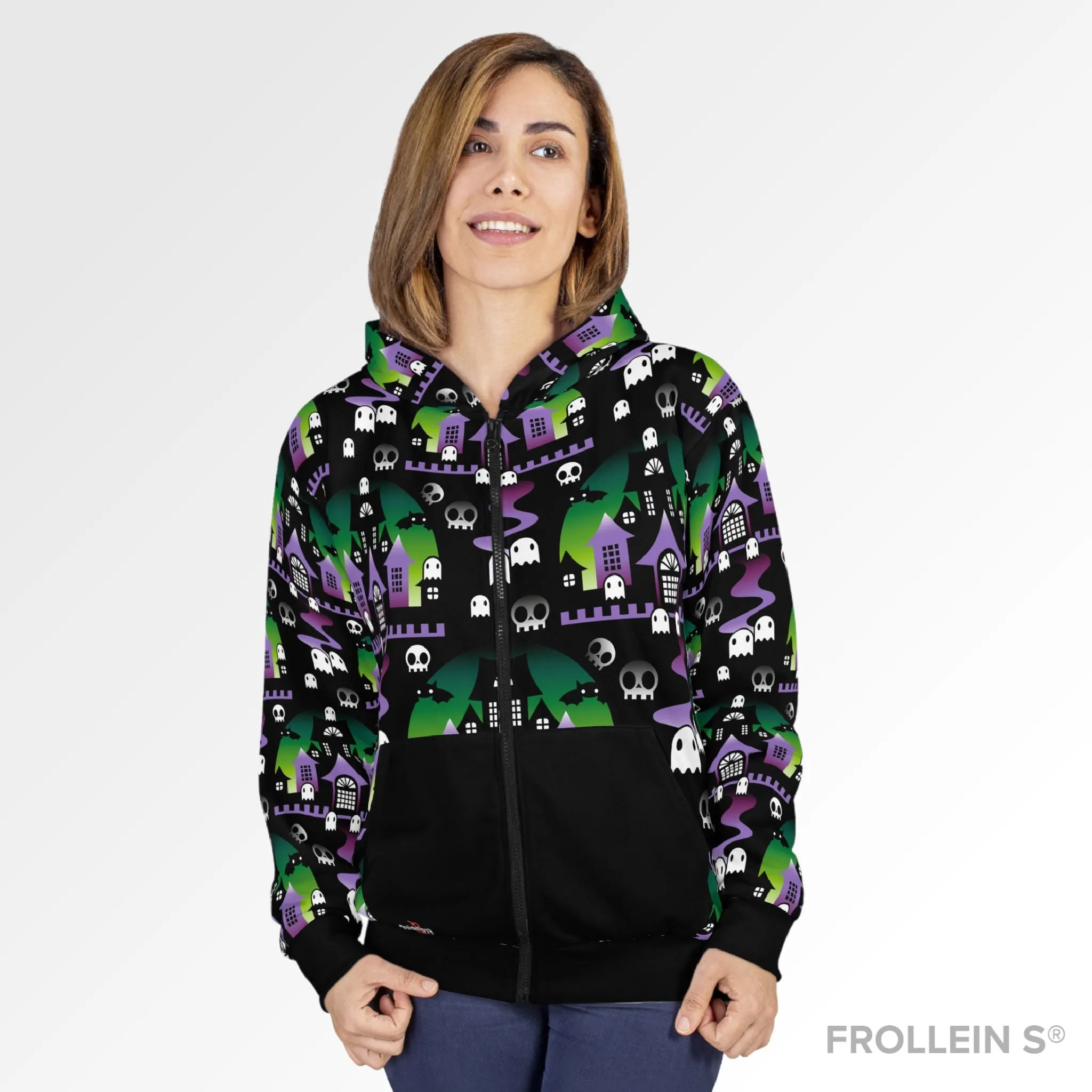 Zip-Up Unisex Hoodie Halloween BOO - Witch Green-Purple